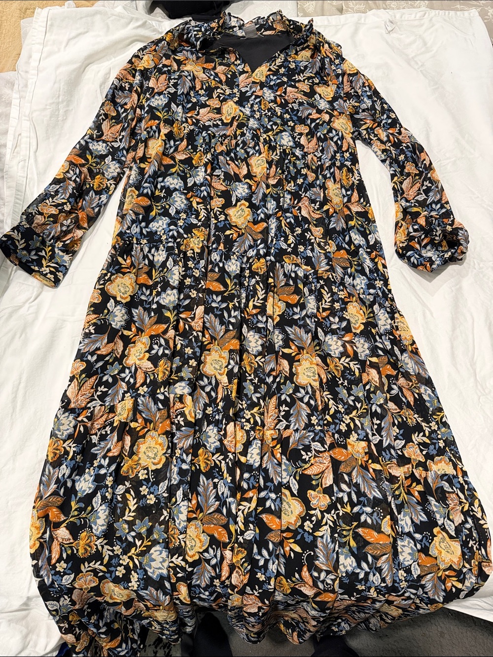 Lucky Brand Black Maxi Dress with Mustard & Cream Floral Print